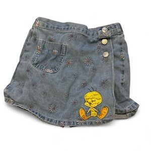 Vintage 90s Looney Tunes Tweety Bird Denim Skort Girls 4 5 Embroidered Y2K